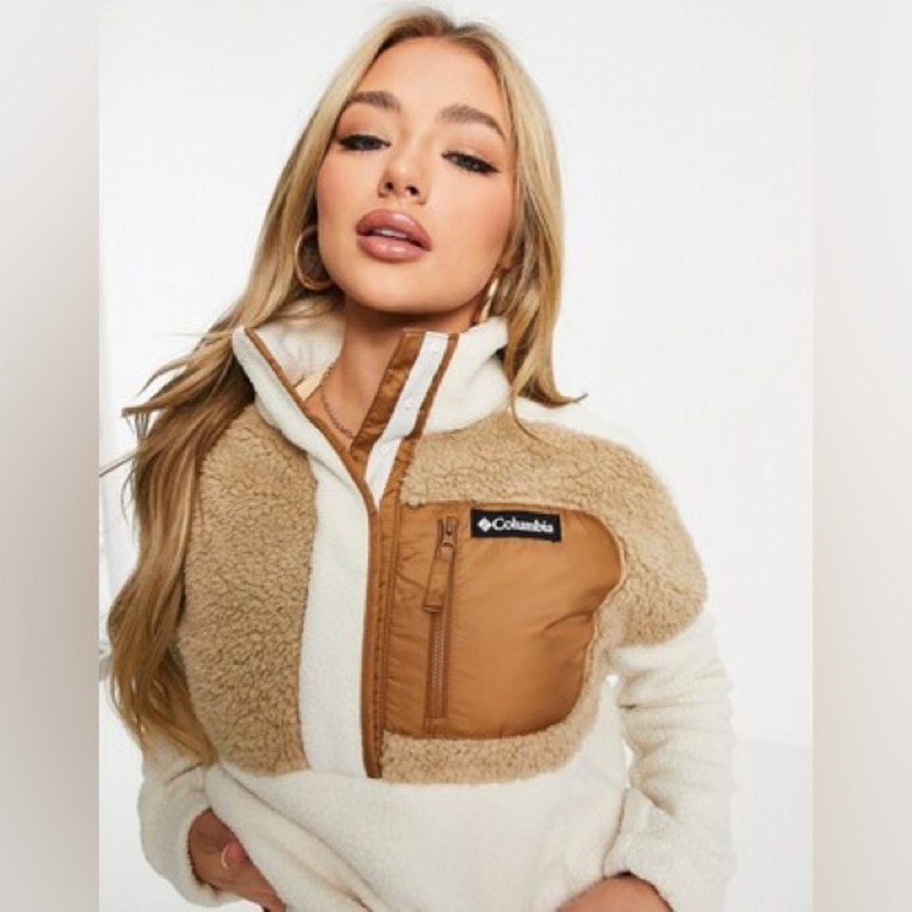NWT Beige/Tan Fall Columbia Sherpa Fleece Pullover Jacket Apres Ski 1/2 Zip Up
